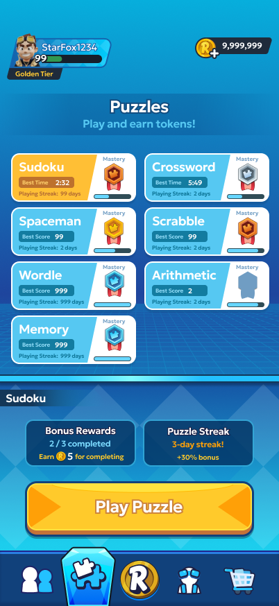 Puzzle menu with seven puzzle types