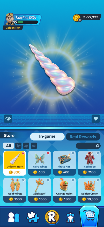 In-game store showing items and real rewards tabs